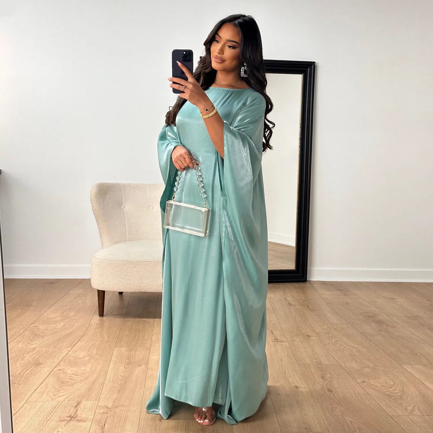 Ramadan Summer Batwing Sleeve Satin Butterfly Abaya Islam Muslim Maxi Dress Kebaya Women Kaftan Robe Musulmane Femme Vestidos