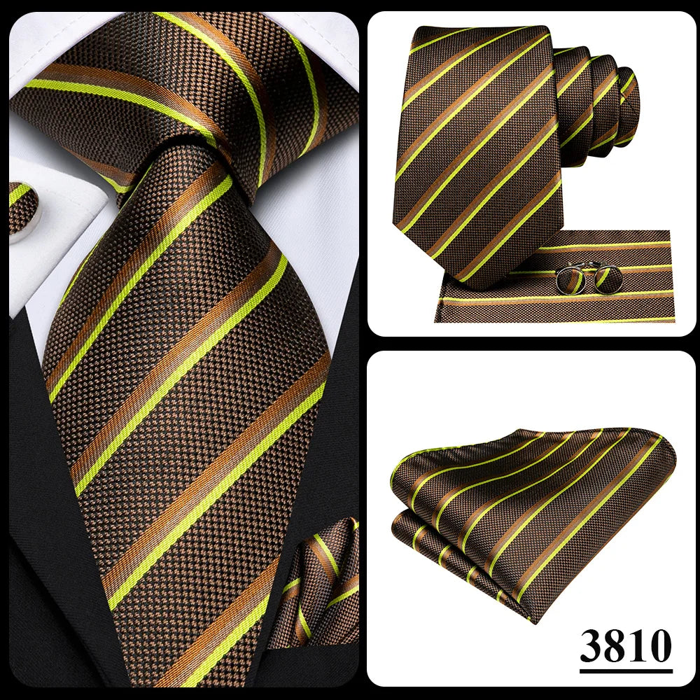 Hi-Tie Men Fashion Striped Navy Blue Necktie Handkerchief Cufflinks for Tuxedo Accessory Classic Silk Luxury Tie for Man Gift