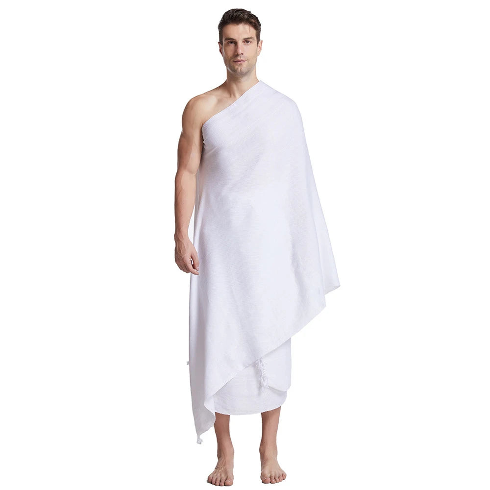2 Pieces Ihram Pilgrimage Towel Muslim Arabic Hajj Clothing Mens Islamic Ramadan Prayer Worship Costumes Jubba Thobe Middle East