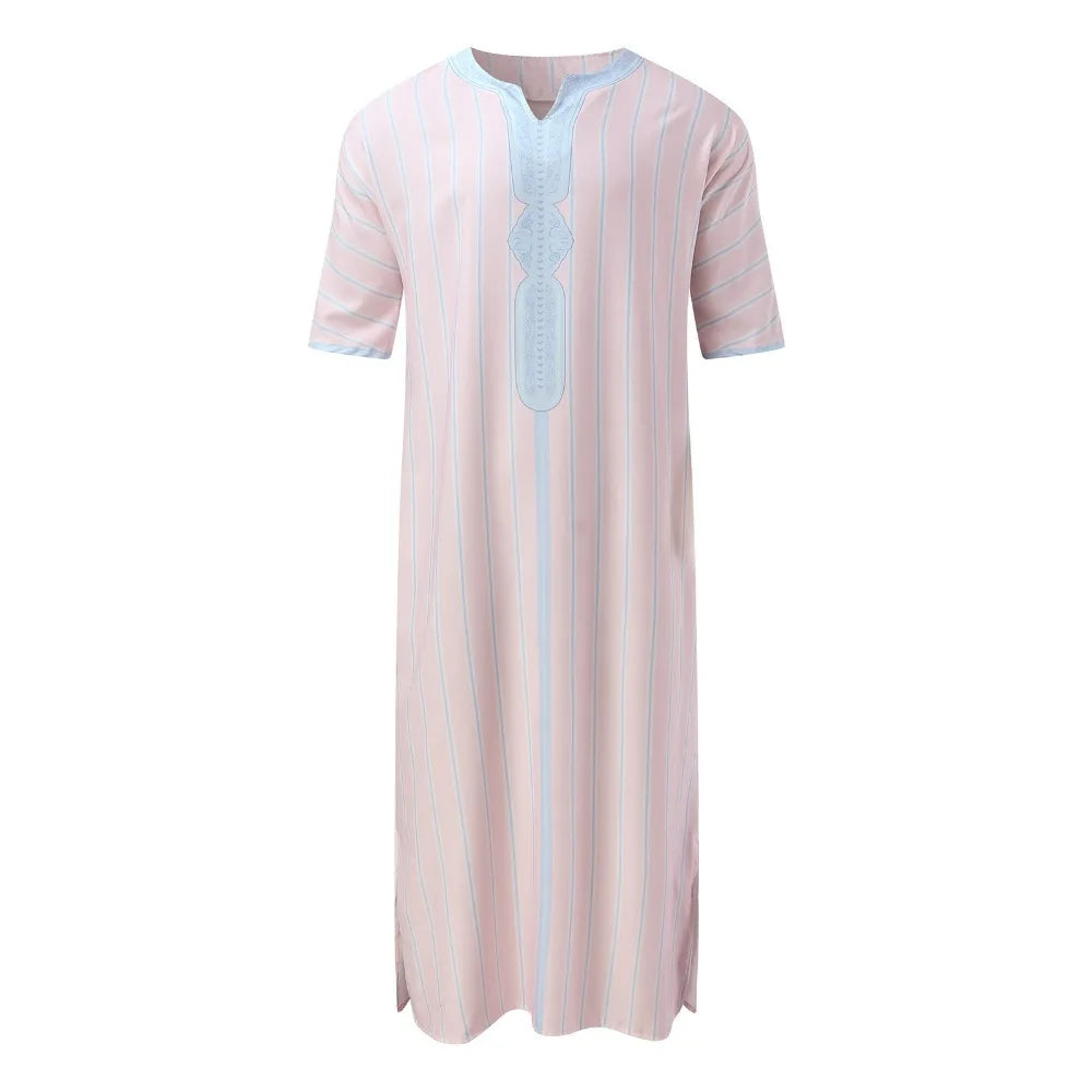 Men's Arabian Thobe - Summer V-Neck Short Sleeve Robe, Loose Fit Muslim Islamic Clothing for Casual Wear