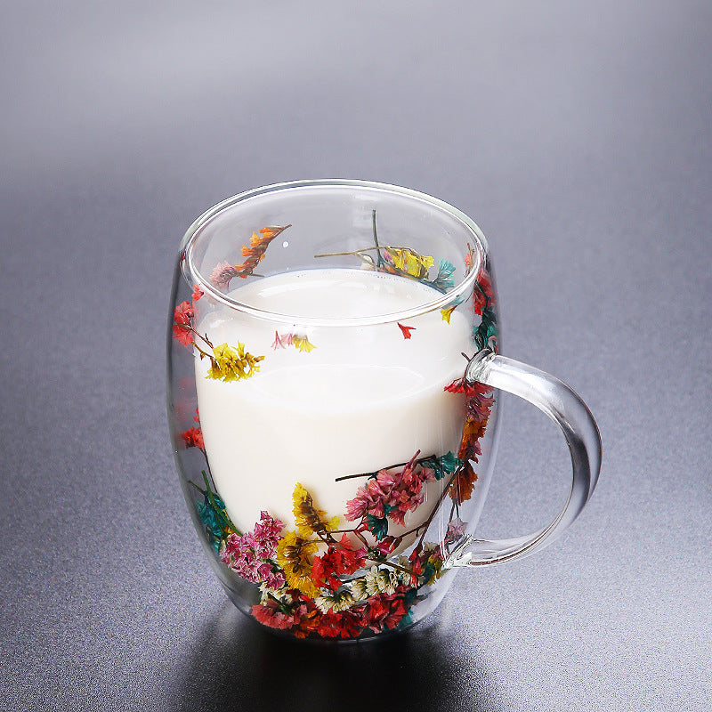 350ml Double Wall Glass Coffee Mug with Handles Clear Milk Cups Gifts Glass Cup Fill Artificial Simulation Flowers Teacup Gift