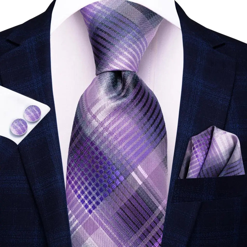 Hi-Tie Plaid Silk Tie For Men Elegant Mens Blue Grey Necktie Pocket Square Cufflink Groom Wedding Accessory Wholesale Designer