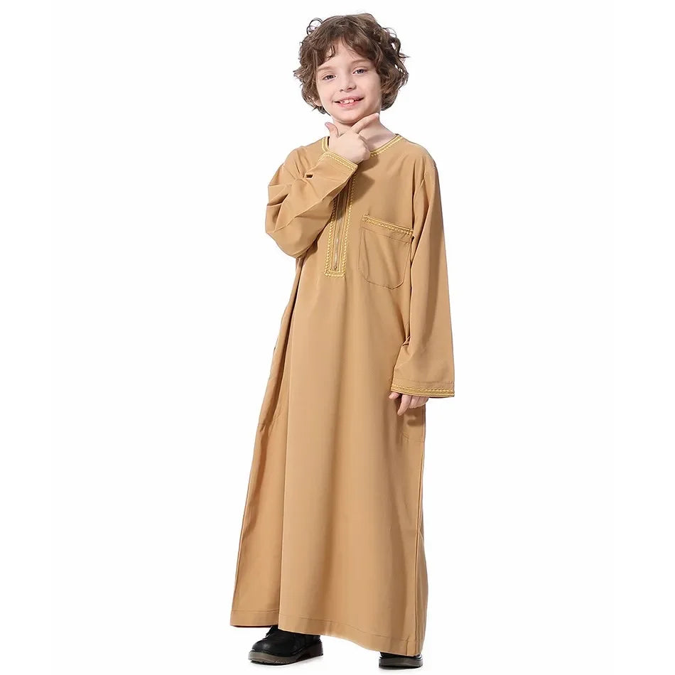 Teenage Boys' Summer Muslim Robe Kids Arab Folk Clothes Boys Solid Color Thobe 5-14 Years National Outfit for Children New