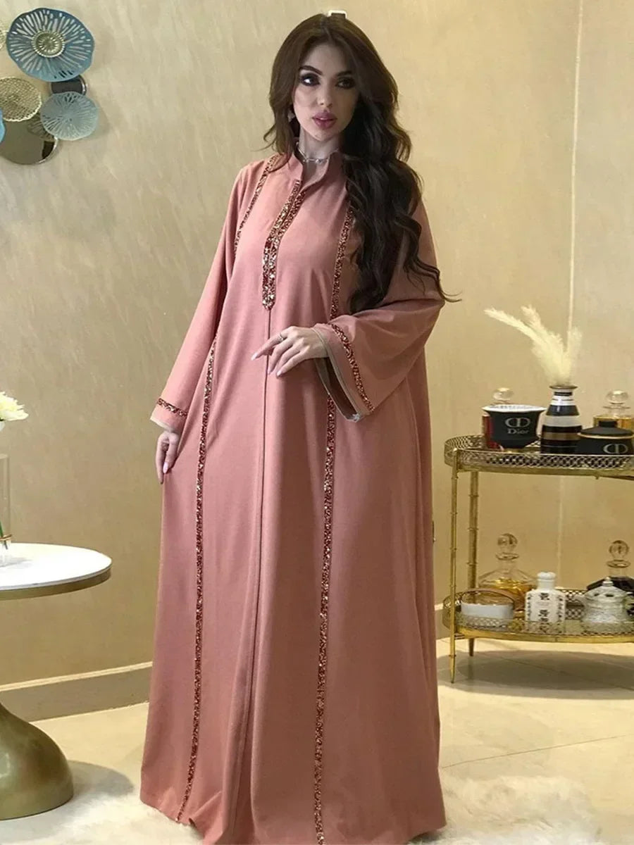 Ramadan Abaya Femme Musulmane Moroccan Kaftan for Woman Fashion Solid Diamonds Full Sleeve Loose Turkish Dubai Robe