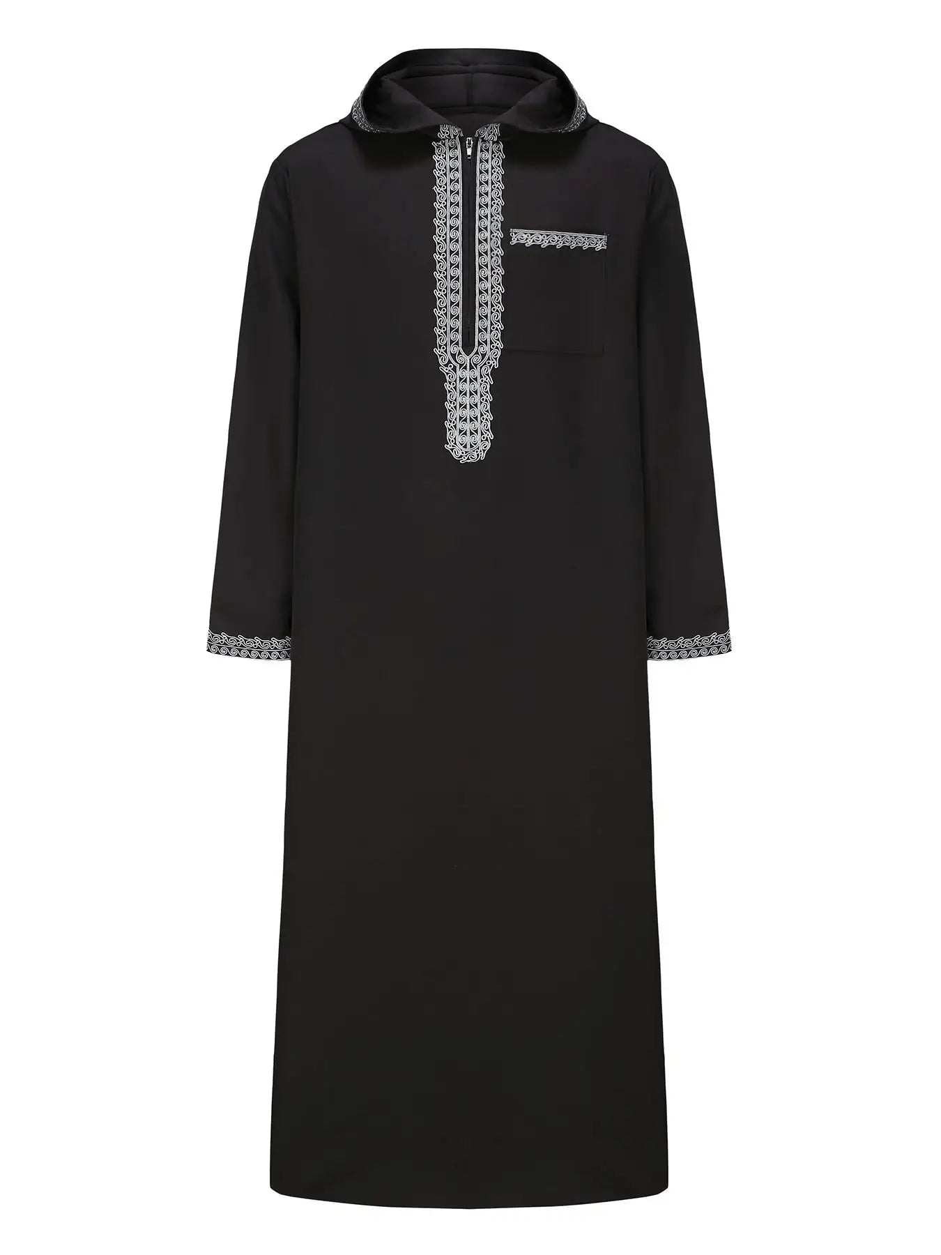 Muslim Men's Black Hooded Zippered Embroidered Robe for Festival Prayer And Worship Clothing
