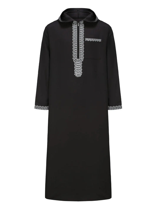 Muslim Men's Black Hooded Zippered Embroidered Robe for Festival Prayer And Worship Clothing