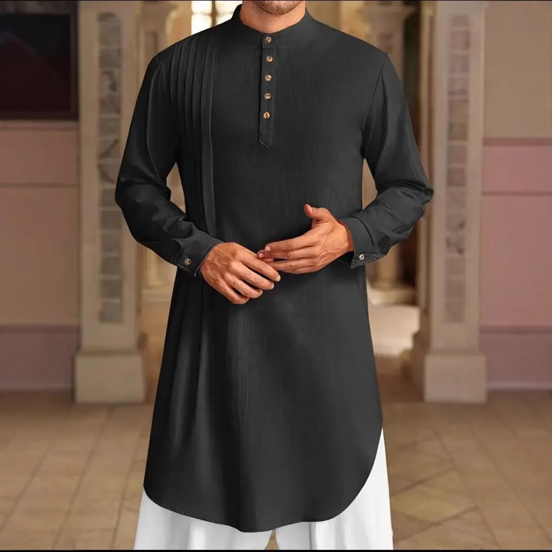 2025 New Muslim Middle East Arab Malaysia Men's Button Cotton Line Shirt Muslim Robe