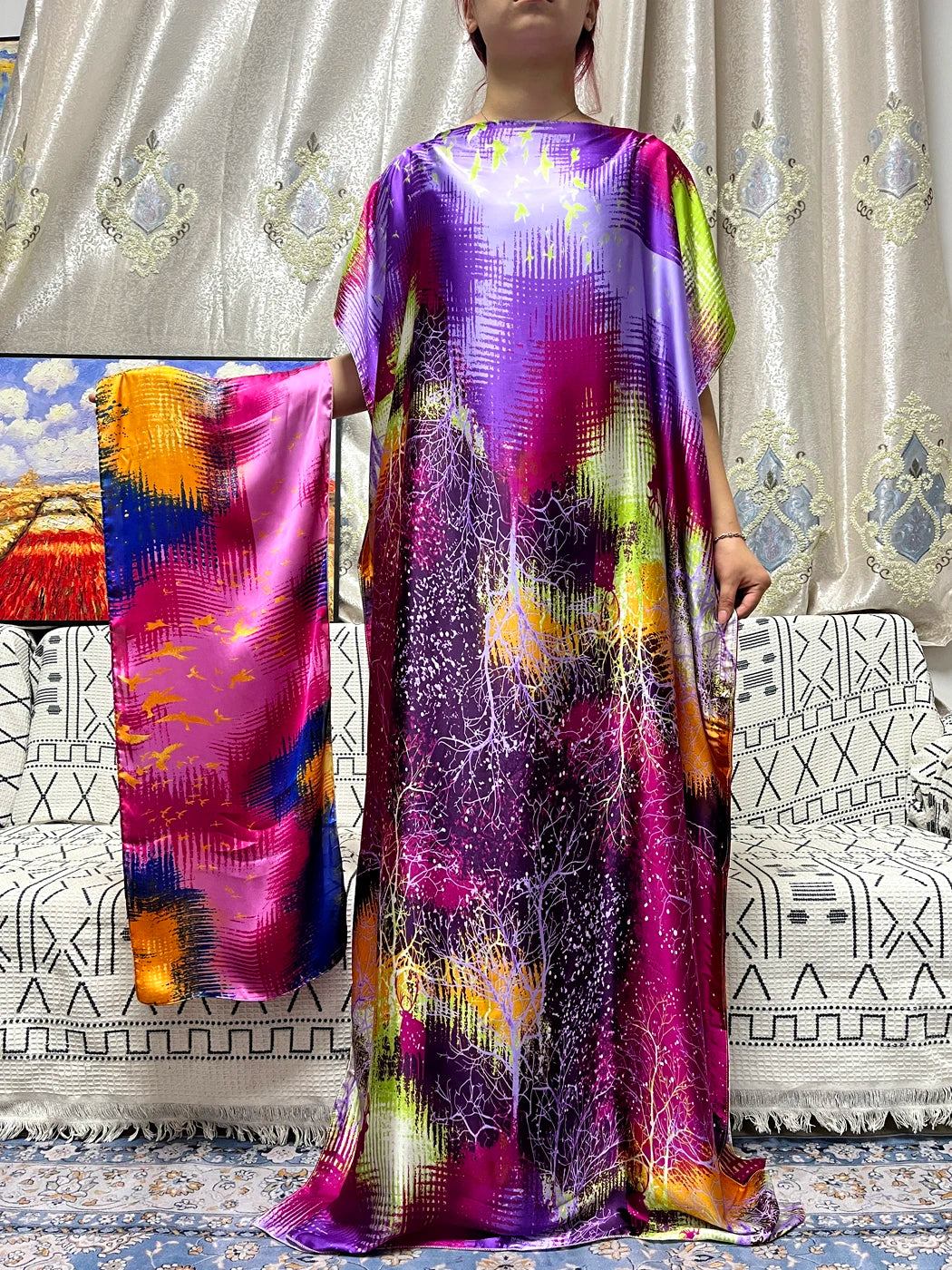 Abayas For Women 2023 Printed Silk Soft Loose Femme Robe Muslim Summer Fashion Clothing African Islam Woman Dresses With Turban