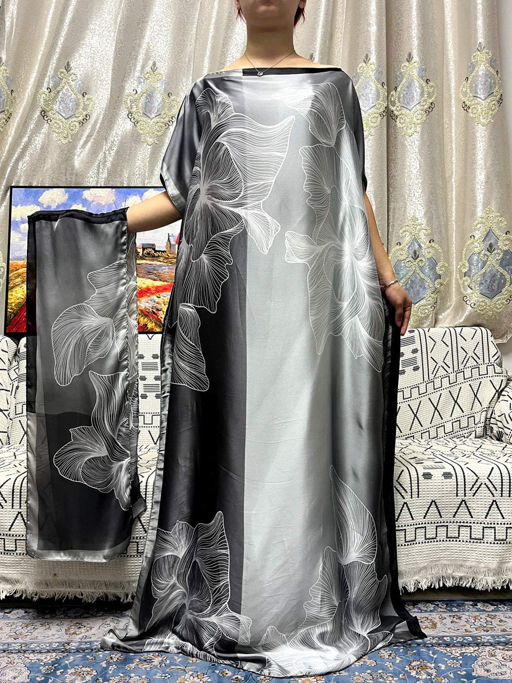 Abayas For Women 2023 Printed Silk Soft Loose Femme Robe Muslim Summer Fashion Clothing African Islam Woman Dresses With Turban