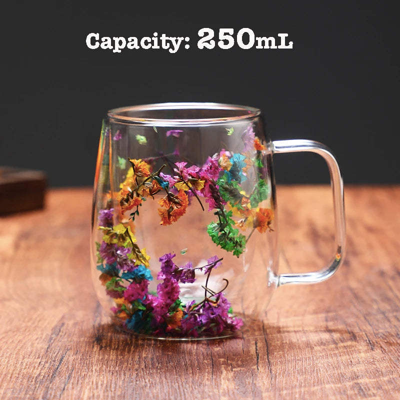 Dried Flower Coffee Mug Double Wall Glass Cup Home Party Cups Cafe Tea Milk Juice Cups For Mother Gift Girls Christmas Gifts