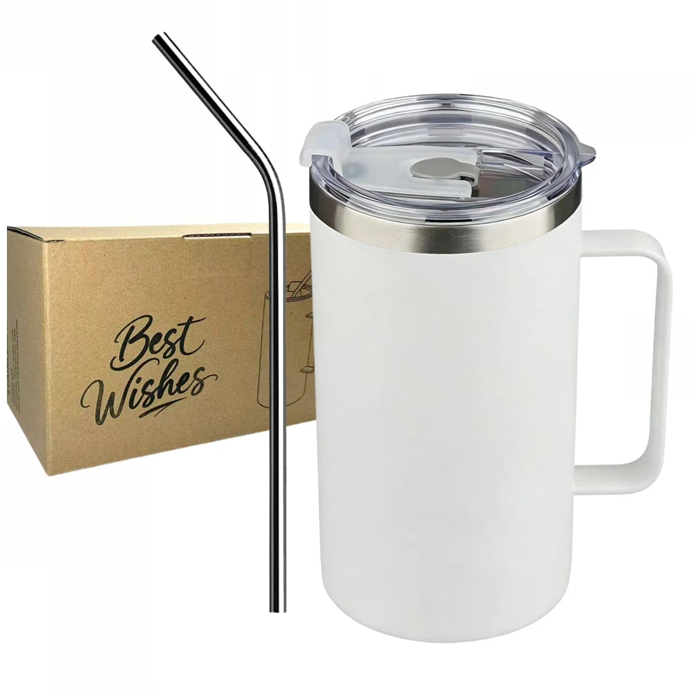Insulated Coffee Mug with Lids 600ml Stainless Steel Tumbler with Handle Double Wall Vacuum Coffee Cups Travel Mug Black White