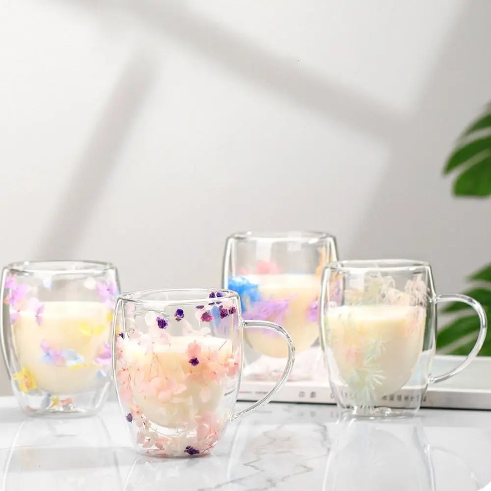 Dried Flowers Double Walled Coffee Mug 350ml Dried Flowers Glass Mugs Unique Creative Flower Mug with Handle Anti-Scalding Mug