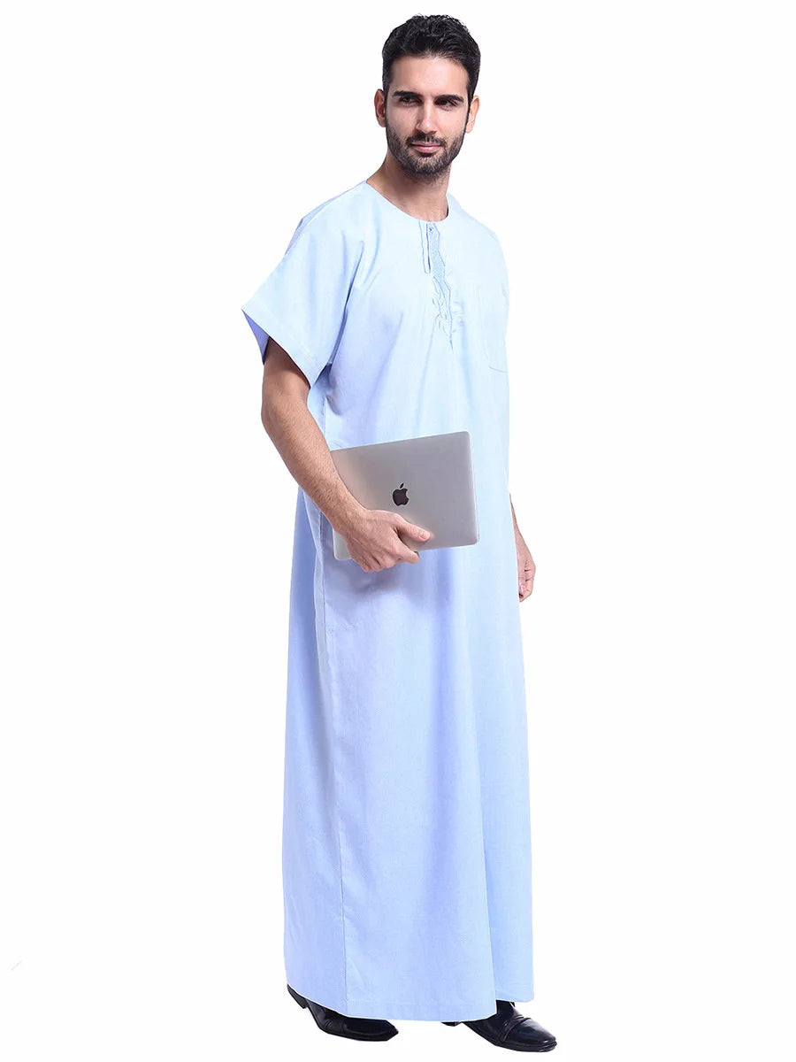 Muslim Kaftan for Men Round Collar Blue White Spring Elegant Robe Arab Vintage Long Sleeves Thobe Robe Turkey Embroidered