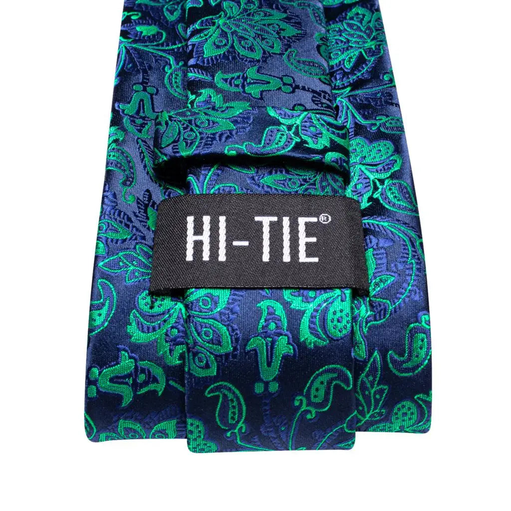 Hi-Tie Teal Green Floral Mens Fashion Necktie Handkerchief Cufflinks for Tuxedo Accessory Classic Silk Luxury Tie for Man Gift