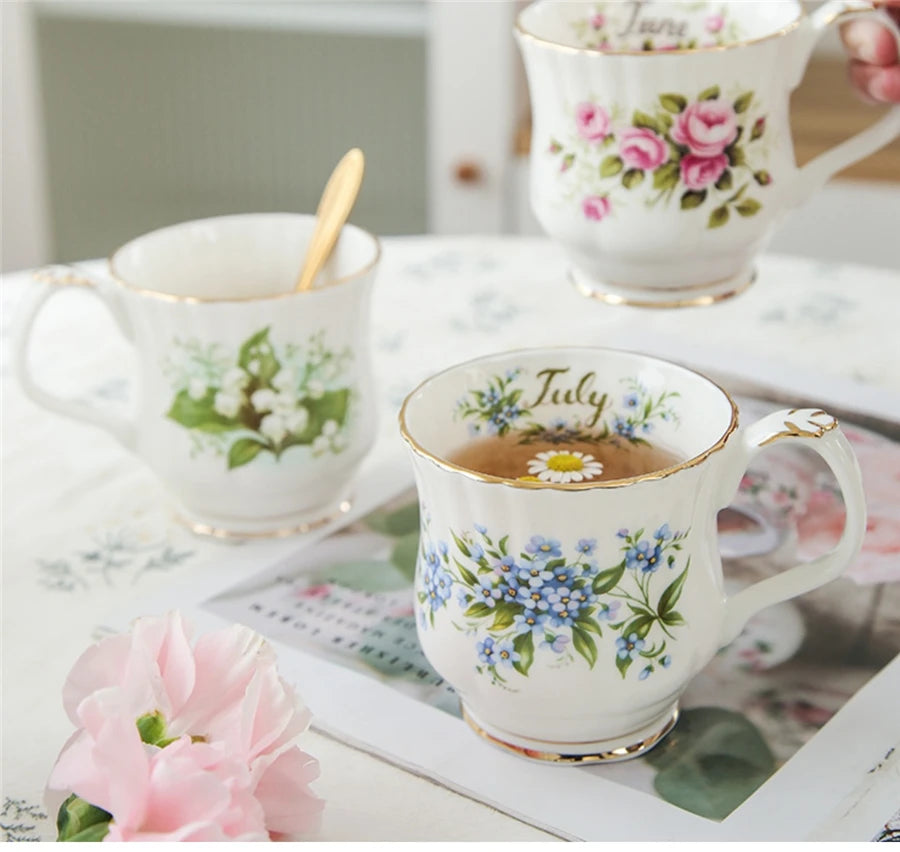 Retro Coffee Mug Ceramic Exquisite Seasonal Flower Printed Couple Cup Bone China Creative Gift Home Drinkware Breakfast Milk Mug
