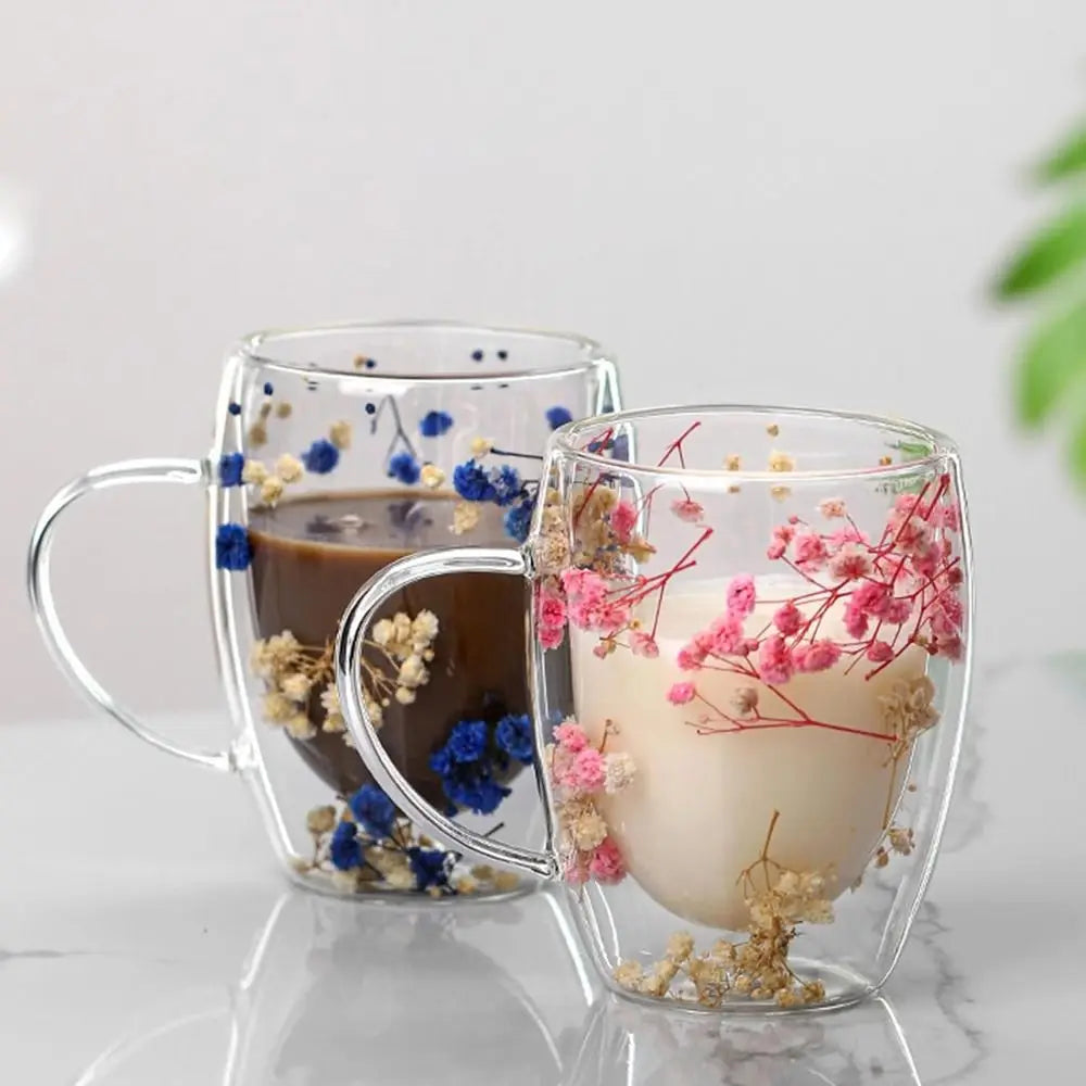 350ml Dried Flower Double Walled Glass Mug Cup Coffee Mug with Dry Flowers Decorative Creative Flower Mug Double Wall Flower Cup