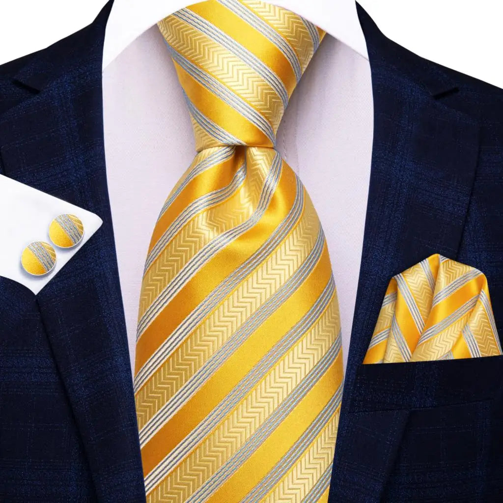 Hi-Tie Men Fashion Striped Navy Blue Necktie Handkerchief Cufflinks for Tuxedo Accessory Classic Silk Luxury Tie for Man Gift