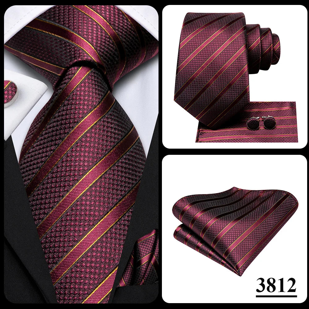 Hi-Tie Men Fashion Striped Navy Blue Necktie Handkerchief Cufflinks for Tuxedo Accessory Classic Silk Luxury Tie for Man Gift
