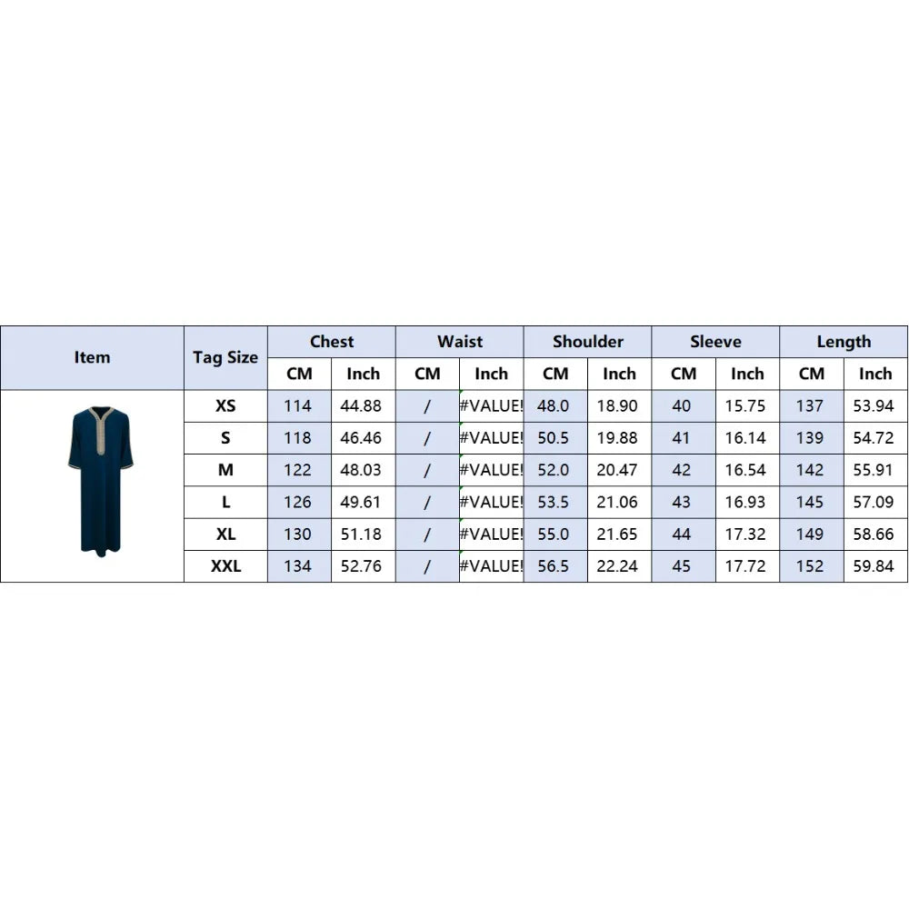 Men's Moroccan Style Thobe - 3/4 Sleeve Arabic Robe with Side Pockets, Ethnic Middle Eastern Loose Fit Muslim Wear