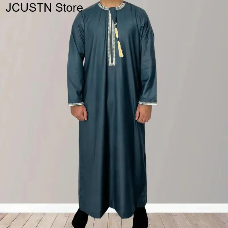 Muslim Men Long Sleeve Pullover Dress Aman Abaya Jubba Thobe for Men Saudi Arab Kaftan Islam Clothing Rayer Robe Afghan Male