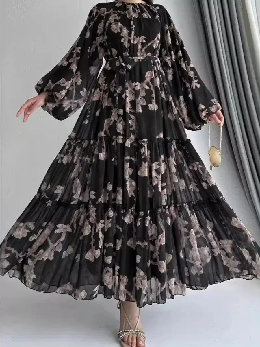 Eid Chiffon Women Dress Abaya Flower Print Muslim Vestidos Largo Dubai Kaftan Arab Long Robe Ramadan Morocco Dresses Jalabiya