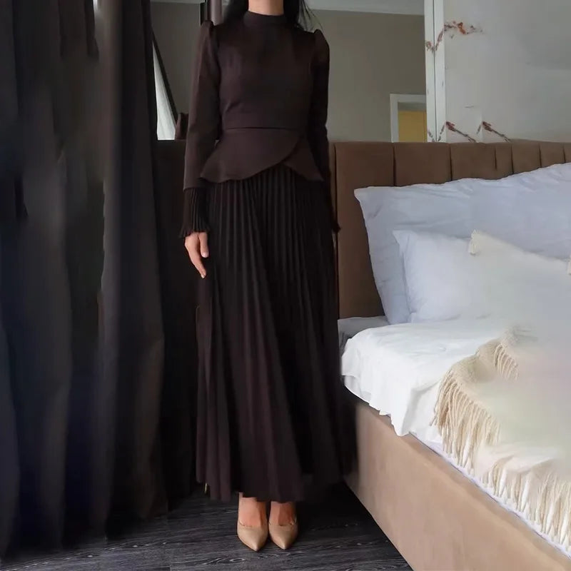 Long Skirt Suit Women Muslim 2 Piece Sets Top Pleated Skirts Modest Outfits Dubai Ramadan Irregular Tops Lace Up Ensemble 2025