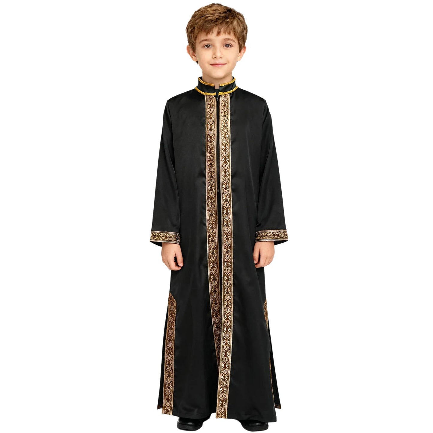 Boys Gold Embroidery Maxi Muslim Thobe Kaftans Arab Gown Islamic Robe Cosplay Long Sleeves Coats Festival Holiday Costume
