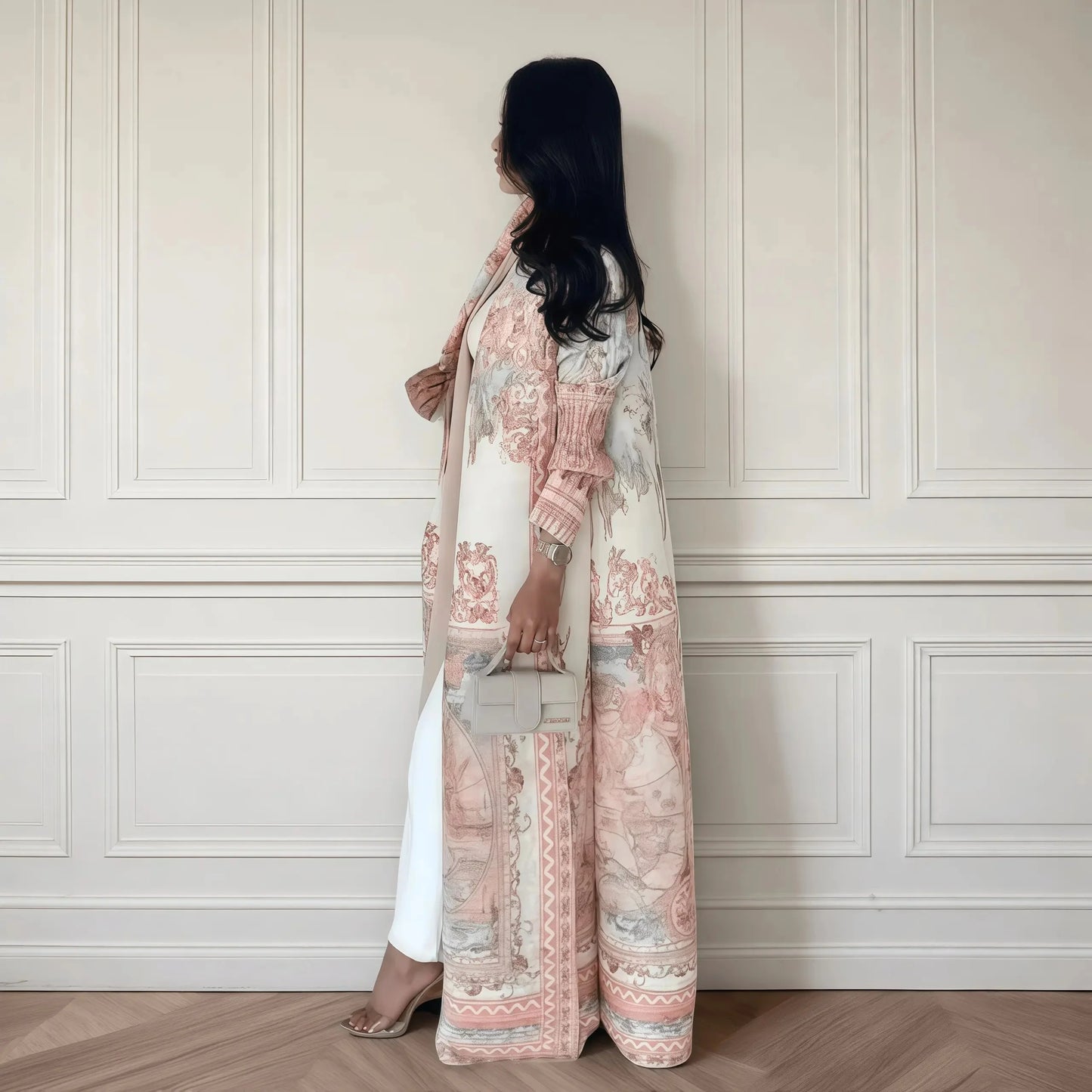 Fold Elegant Vintage Print Open Front Abaya, Lightweight Flowy Loose Fit Women's Modest Fashion Long Kimono Cardigan