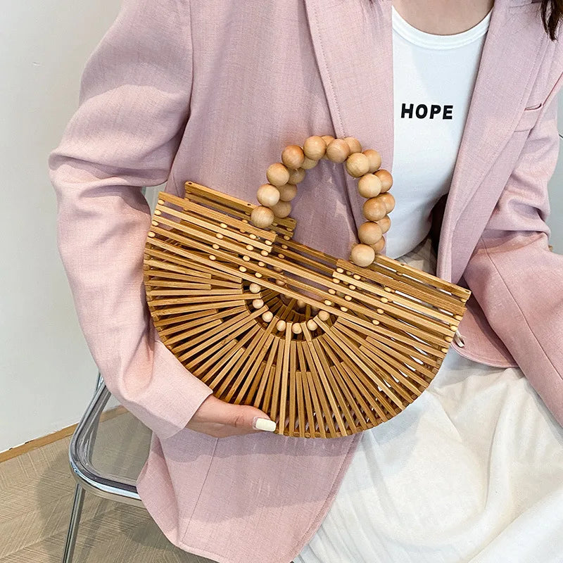 Handmade Fashion Bamboo Handbag Pearl Handle Design Elegant Women Hollow Out Beach Bag Vacation Women Straw Bag Female Bags
