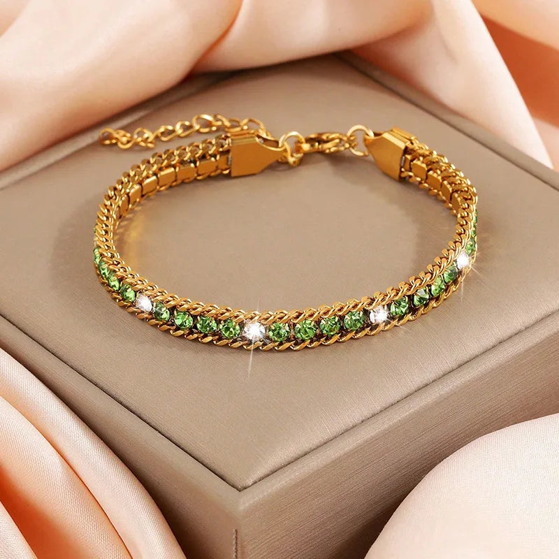 ZMZY Gold Color Women's Cubic Zirconia Stainless Steel Bracelet Adjustable Link Lightweight Non Tarnish Iced Out Chain Bracelet