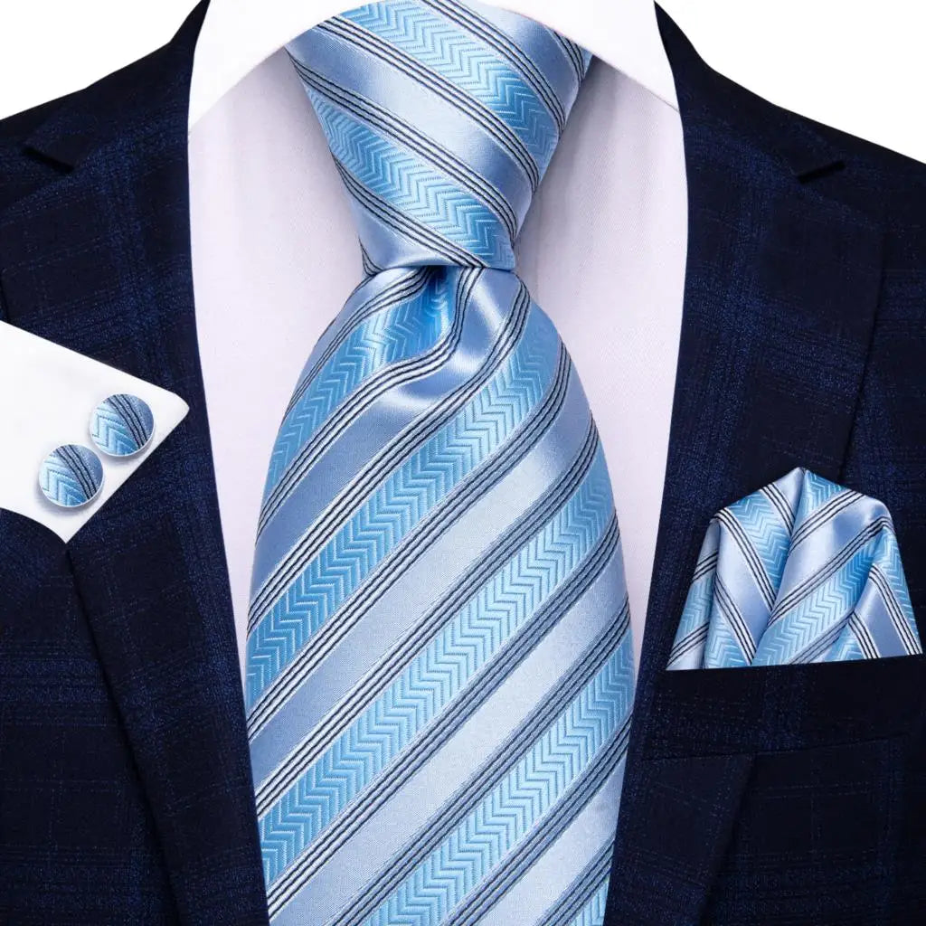 Hi-Tie Men Fashion Striped Navy Blue Necktie Handkerchief Cufflinks for Tuxedo Accessory Classic Silk Luxury Tie for Man Gift