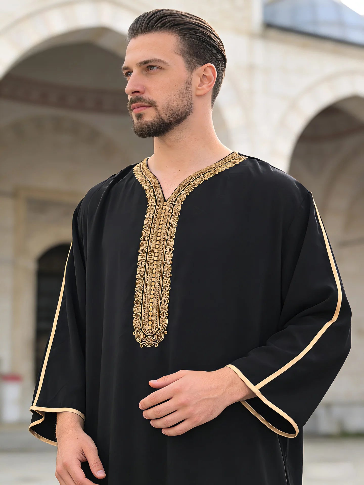 Ethnic Style Kandouras Thobe for Men Jabador Gandoura Side Pockets Embroidery Abaya Long Sleeve Muslim Kaftan Vintage White Robe