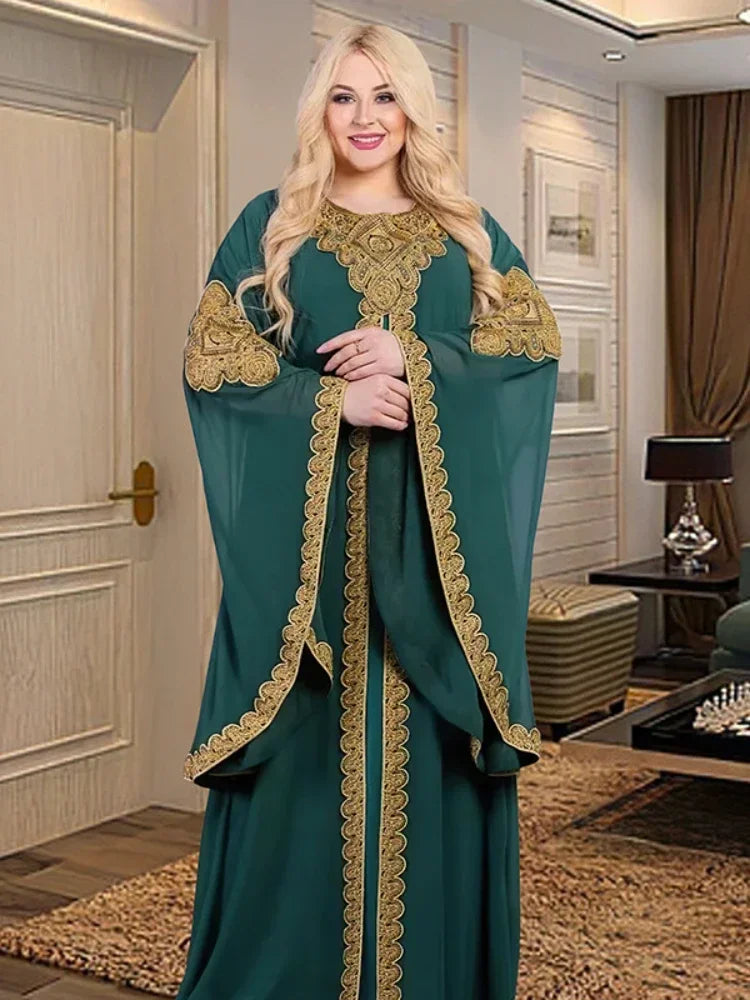 Women Abaya Party Dresses Muslim Caftan 2 Piece Set Eid Flare Sleeves Robe Embroidered Gold Lace Dress Suit Jalabiya Ramadan