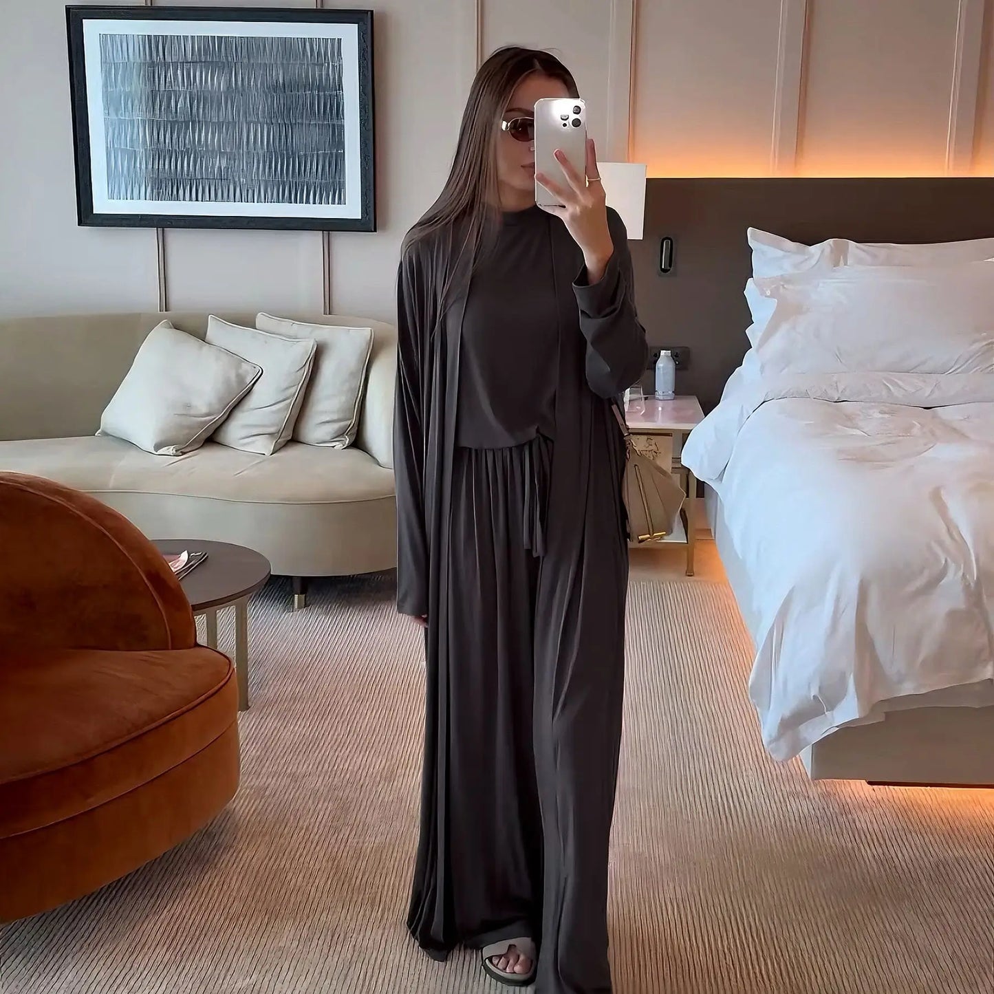 Muslim 3 Piece Set Women Cardigan Shirt Wide Leg Pant Blouse Top Suit Musulman Ensemble Dubai Casual Femme Outfits Solid Casual
