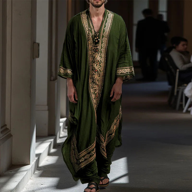 INCERUN Men Jubba Thobe Printing Patchwork V Neck Long Sleeve Male Robes Muslim Kaftan Loose 2025 Arab Casual Men Caftan Abaya