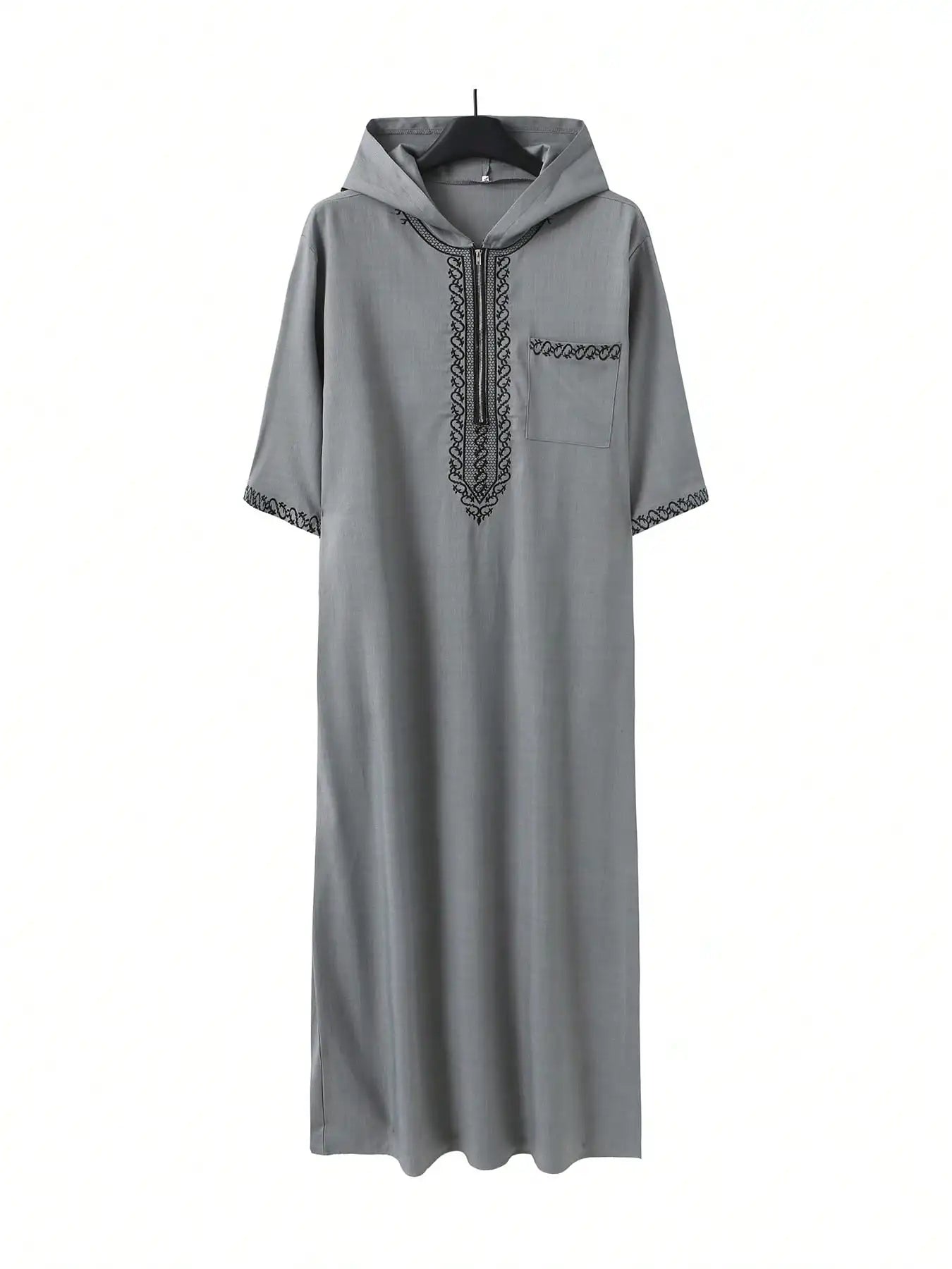 Moroccan Men's Thobe Short-Sleeved Embroidered Hood MuslimIslamicLooseJelleba Abaya - New Edition