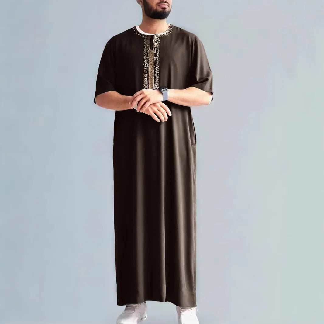 2026 New Men's Muslim Thobe Mid Long Sleeve Arab Ethnic Retro Vintage Loose Fit Islamic Robe Abaya Dubai Saudi Ramadan Eid