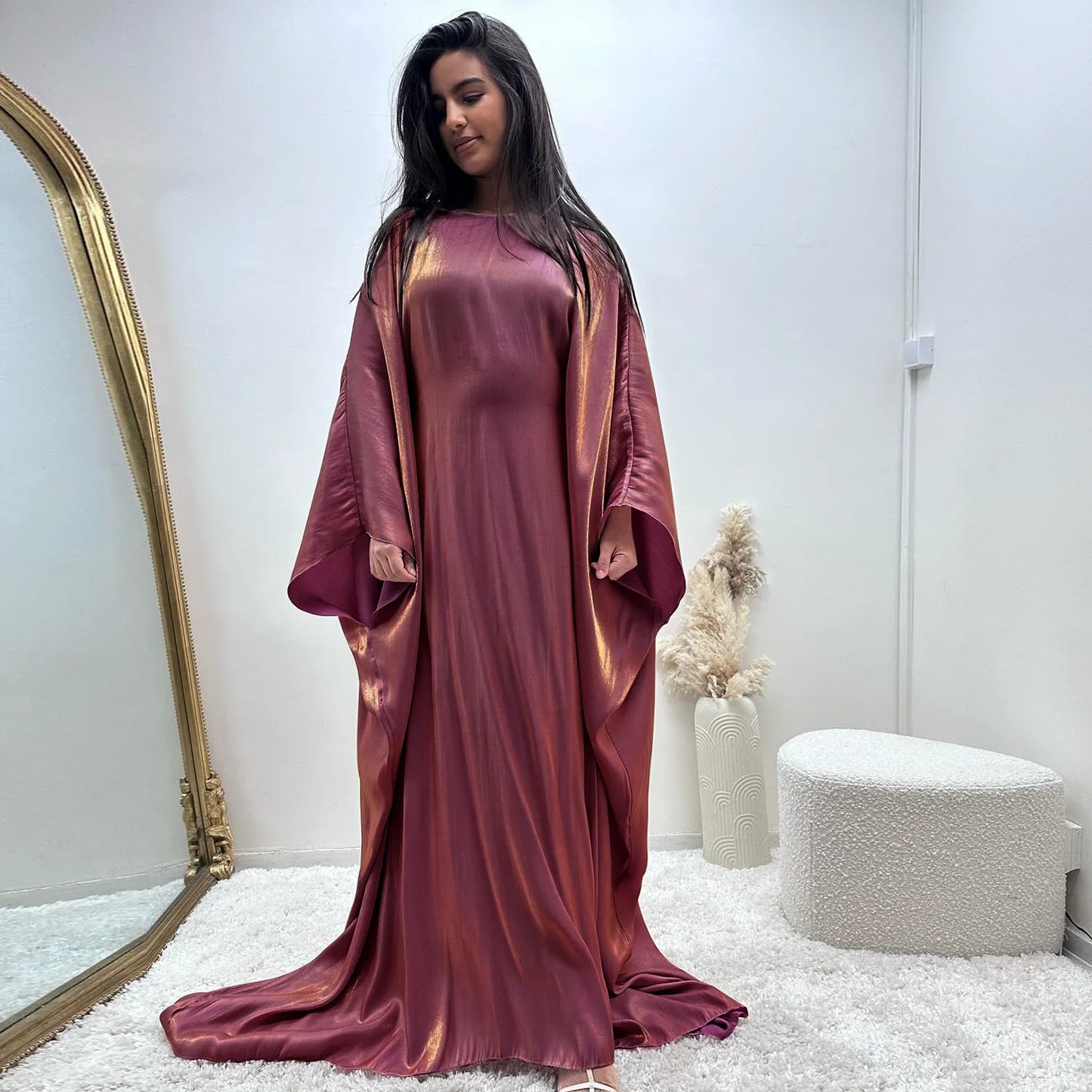 Ramadan Summer Batwing Sleeve Satin Butterfly Abaya Islam Muslim Maxi Dress Kebaya Women Kaftan Robe Musulmane Femme Vestidos