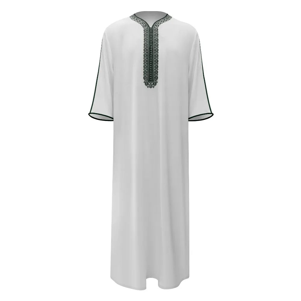 Men's Moroccan Style Thobe - 3/4 Sleeve Arabic Robe with Side Pockets, Ethnic Middle Eastern Loose Fit Muslim Wear