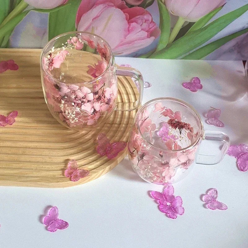 1pc Double-walled Glass Coffee Mug With A Real Flower Design Inside, Suitable For Coffee, Milk, And Other Beverages.