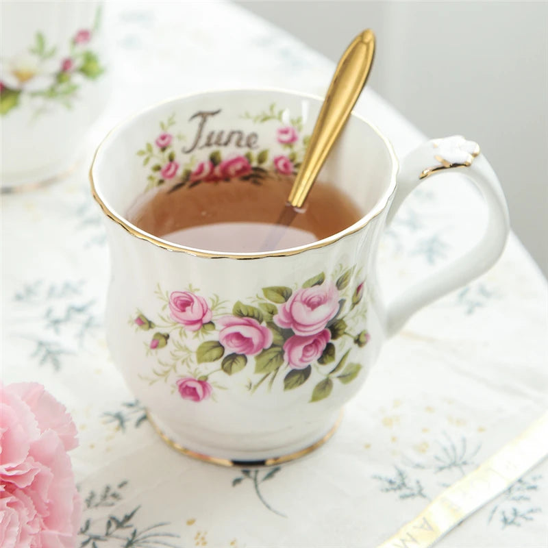 Retro Coffee Mug Ceramic Exquisite Seasonal Flower Printed Couple Cup Bone China Creative Gift Home Drinkware Breakfast Milk Mug