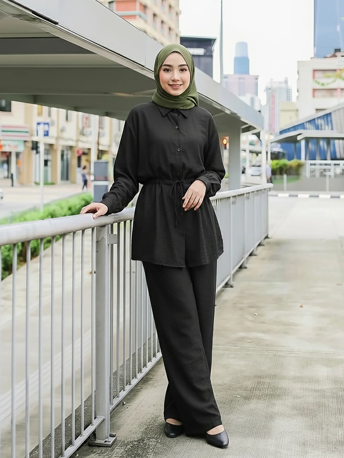 Turn Down Collar Rope Laced 2 Piece Set Women Clothing Wide Leg Pants Ramadan Prayer Dubai Islamic Clothes Turkish Abaya
