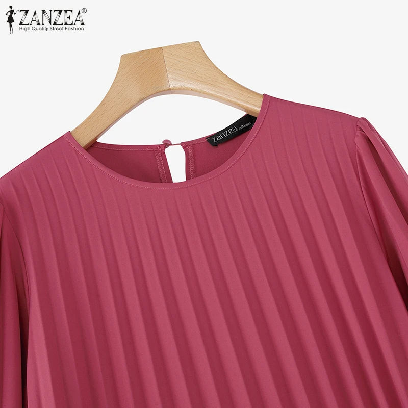 ZANZEA Women Muslim Fashion Dresses Elegant Long Lantern Sleeve Loose IsIamic Vestidos Kaftan Solid Pleated Sundress Robe Femme