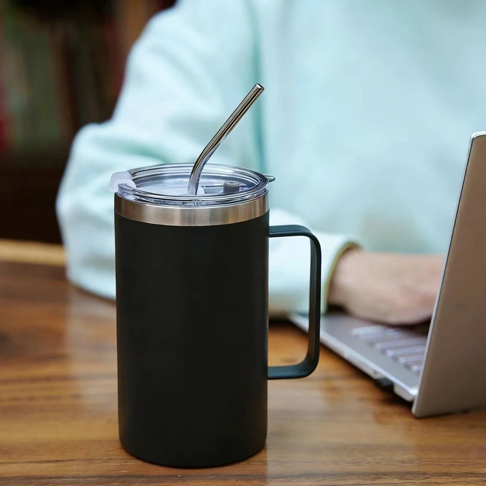 Insulated Coffee Mug with Lids 600ml Stainless Steel Tumbler with Handle Double Wall Vacuum Coffee Cups Travel Mug Black White