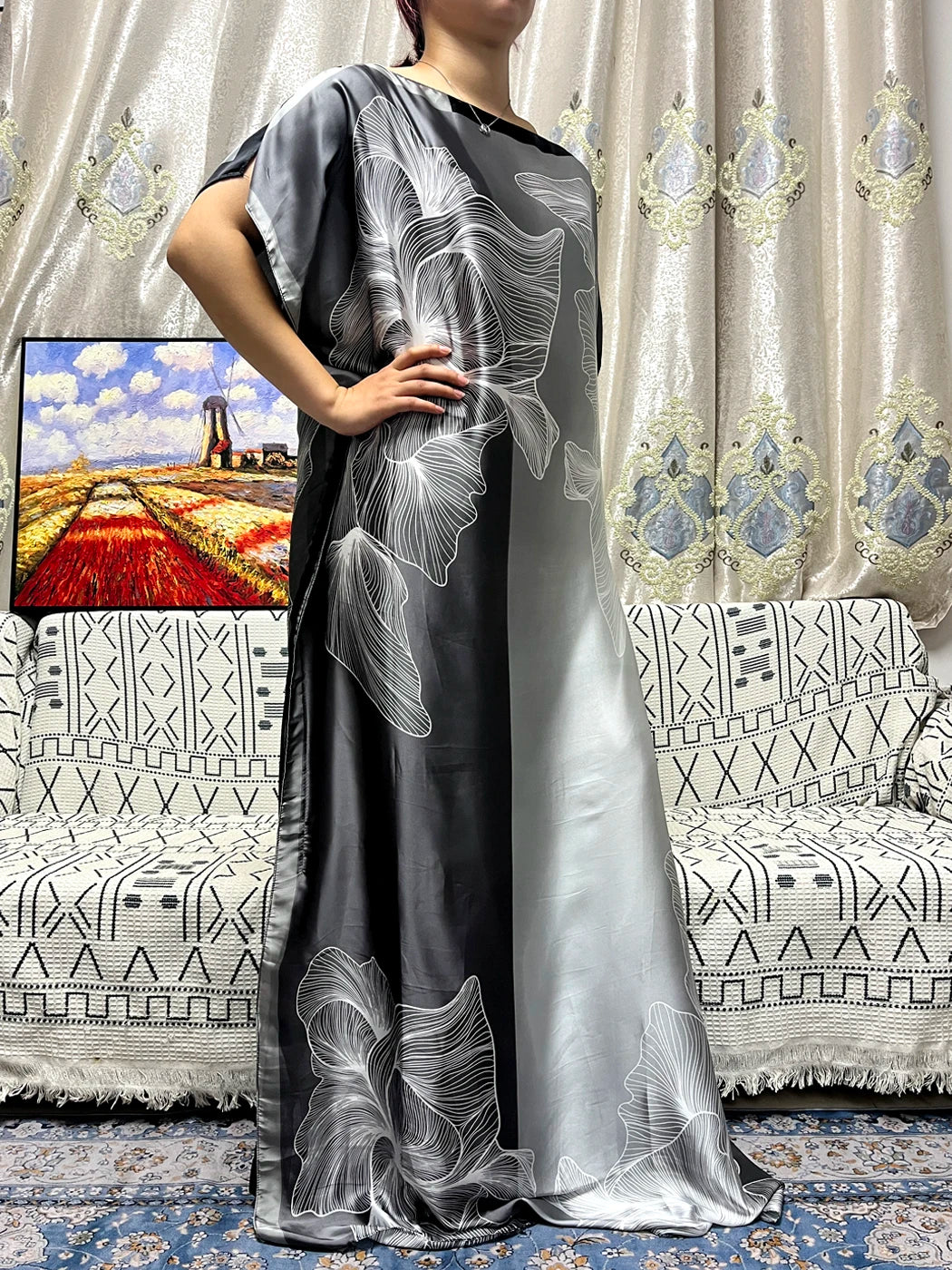 Abayas For Women 2023 Printed Silk Soft Loose Femme Robe Muslim Summer Fashion Clothing African Islam Woman Dresses With Turban
