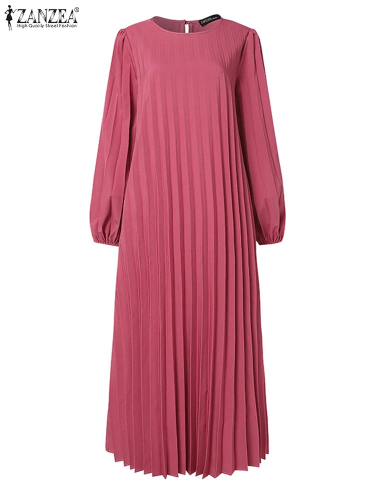 ZANZEA Women Muslim Fashion Dresses Elegant Long Lantern Sleeve Loose IsIamic Vestidos Kaftan Solid Pleated Sundress Robe Femme