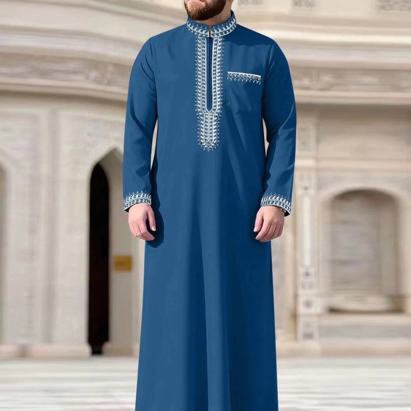 New Islamic Muslim Men's Thobe Long-sleeved Classic Embroidery Robe Arabic Ethnic Style Men's Casual Formal Robe Prayer Dress