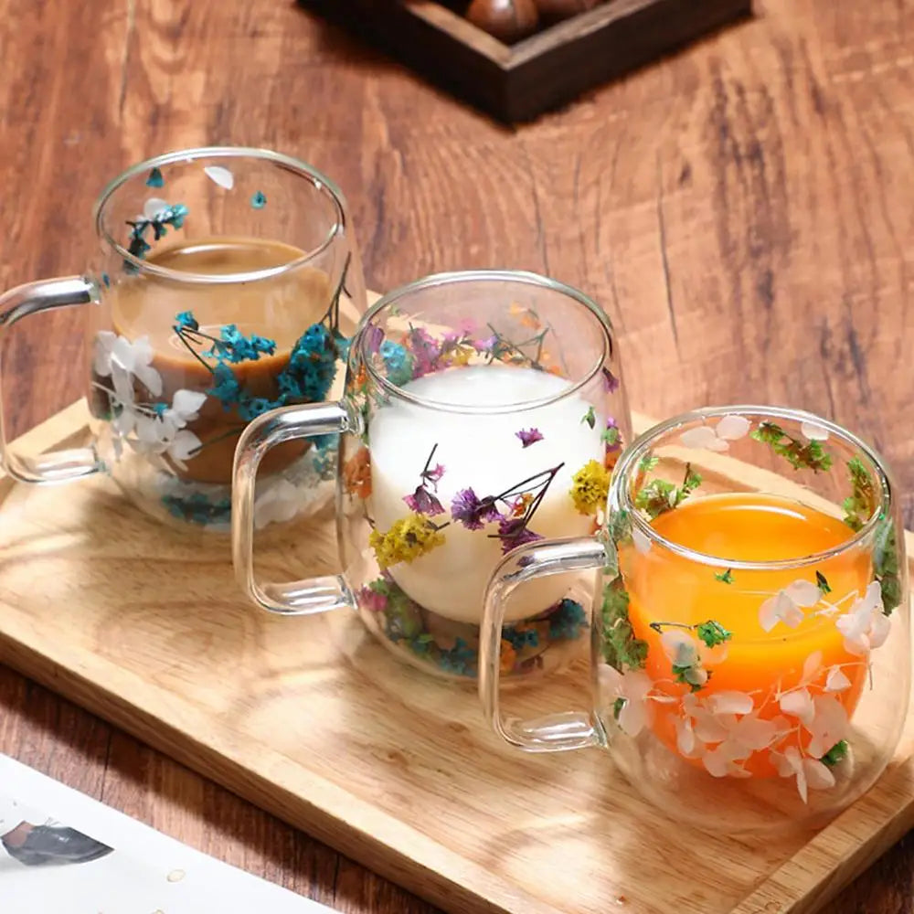 Coffee Mug Double Wall Dried Flower Cup for Coffee Glass Beverage Glasses Tea Mug for Tea Cappuccino Cold Drink flower glass