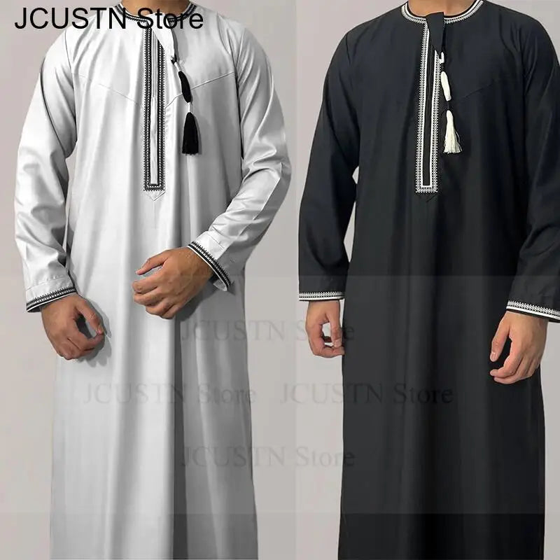 Muslim Men Long Sleeve Pullover Dress Aman Abaya Jubba Thobe for Men Saudi Arab Kaftan Islam Clothing Rayer Robe Afghan Male
