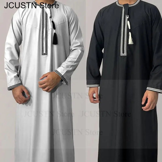 Muslim Men Long Sleeve Pullover Dress Aman Abaya Jubba Thobe for Men Saudi Arab Kaftan Islam Clothing Rayer Robe Afghan Male